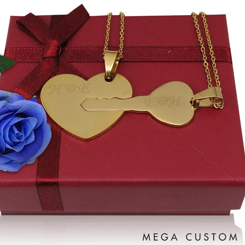 Personalized Couples Heart and Key Necklace Set Couples Jewelry Heart Necklace Key to My Heart Necklace Romantic Gift for Anniversaries Valentine's Day or Special Occasions