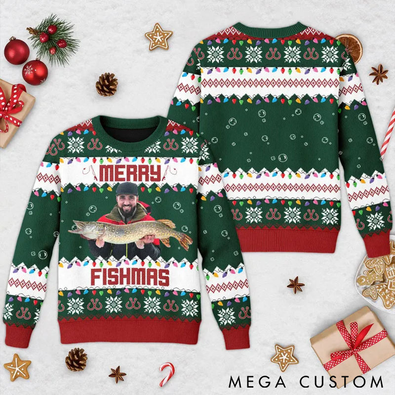 Personalized Merry Fishmas Sweater Fishing Ugly Christmas Sweater Custom Photo Funny Holiday Gift for Anglers and Fishing Lovers