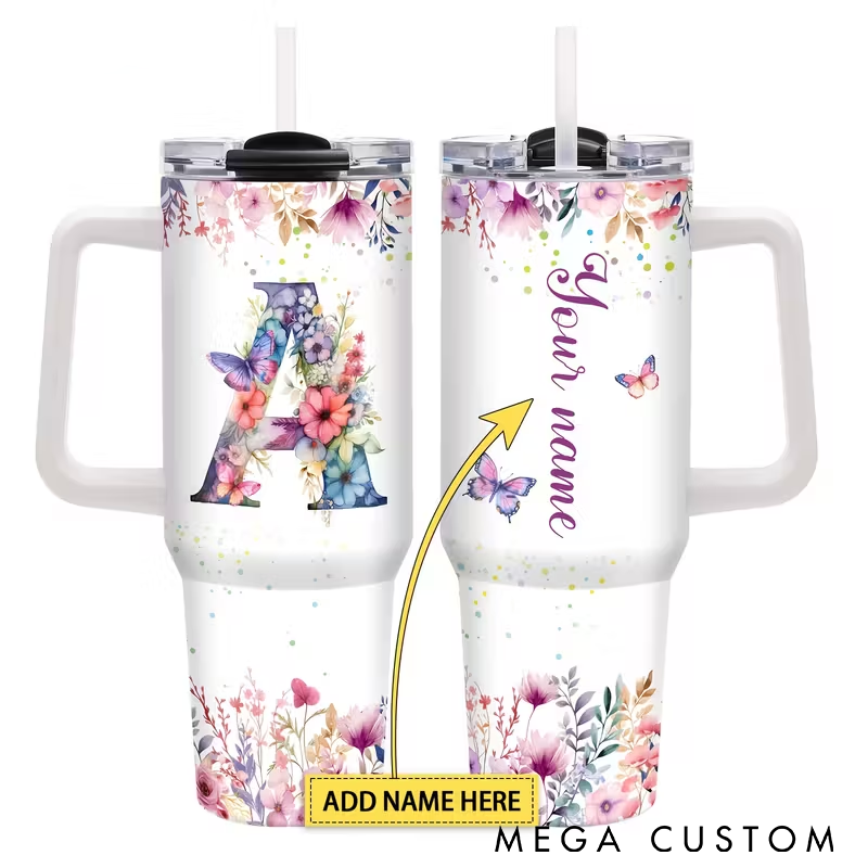 Personalized Tumbler with Handle with Floral Design Stainless Steel Custom Name Insulated for Hot and Cold Drinks Perfect Gift for Women