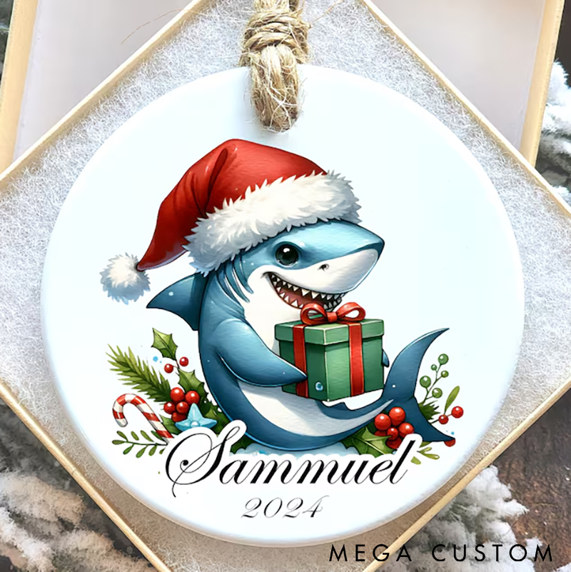 Personalized Fishing Christmas Ornament Cute Shark Design Custom Name and Time Holiday Gift for Anglers and Ocean Lovers