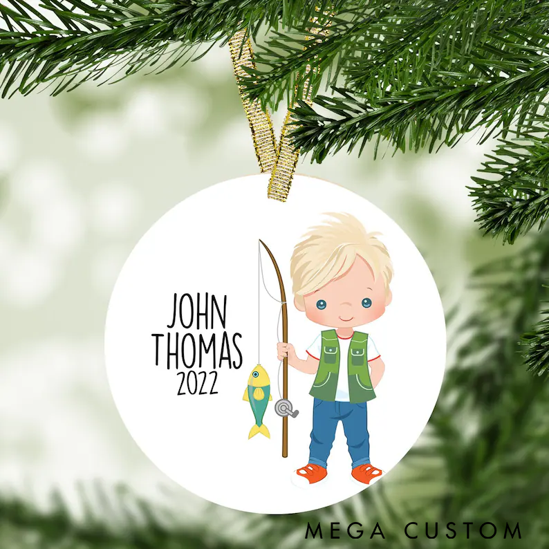 Personalized Boy Fishing Christmas Ornament Fishing Ornament Custom Name and Time Perfect Holiday Gift for Baby or Young Fishing Enthusiasts