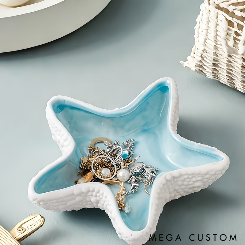 Ocean-Themed Ceramic Jewelry Dish Handmade Ceramic Seashell Starfish Conch Clam Tray Elegant Organizer for Accessories Keys and Coins Decorative Home Gift