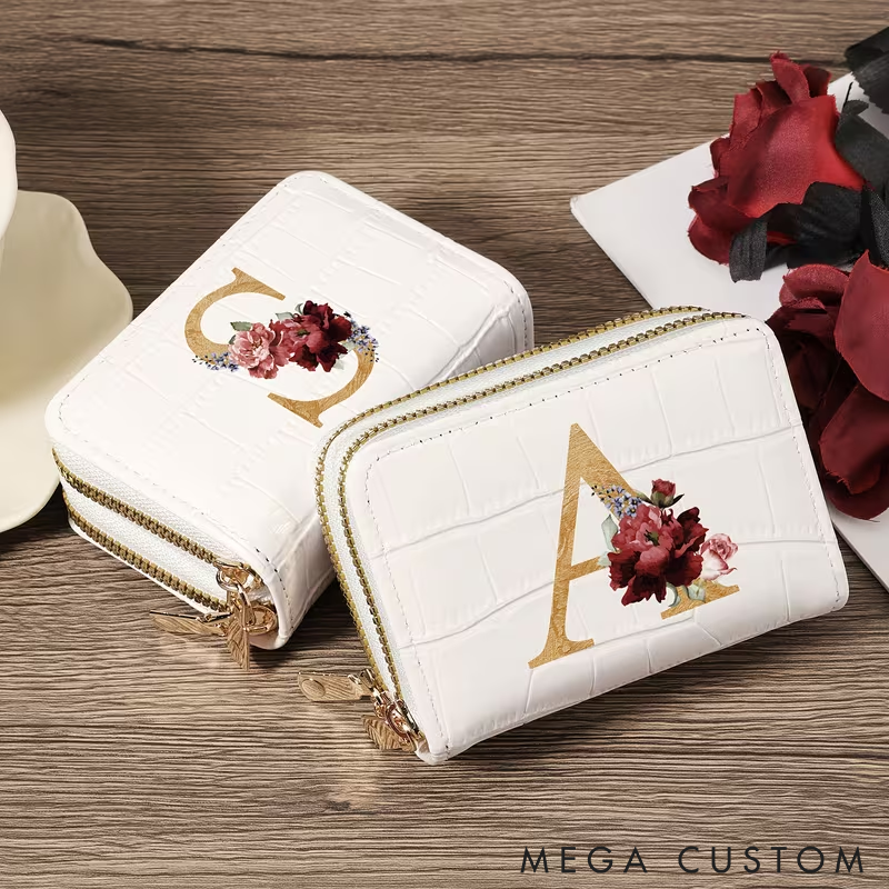 Personalized Small Wallet Custom Initial PU Leather Card Holder with Zipper Compact and Stylish Design for Cash Cards and Coins