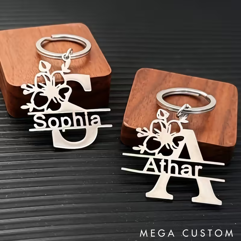 Personalized Initial Keychain with Custom Name Elegant Floral Design Metal Keyring Perfect for Gifts and Everyday Use