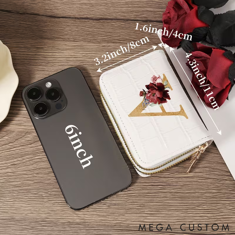 Personalized Small Wallet Custom Initial PU Leather Card Holder with Zipper Compact and Stylish Design for Cash Cards and Coins