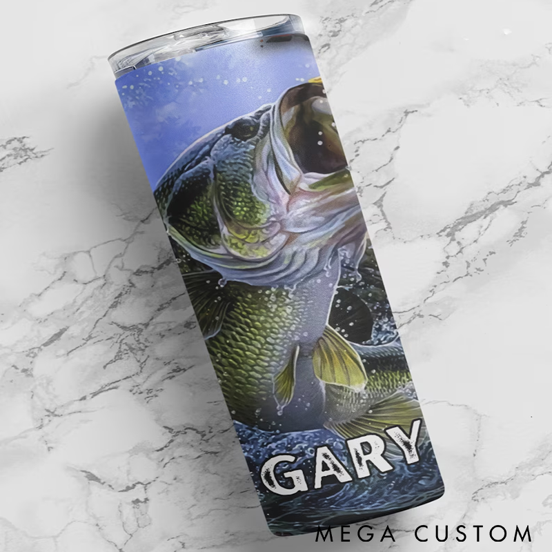 Personalized Fishing Tumbler Custom Name with Bass Fish and American Flag Design Fishing Travel Tumbler Bass Fishing Gifts Perfect Gift for Fishing Enthusiasts