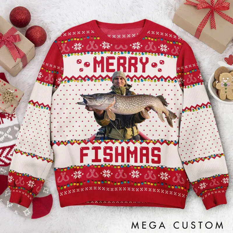 Personalized Merry Fishmas Sweater Ugly Christmas Sweater Custom Your Photo Fun Christmas Gift for Fishing Lovers Holiday Party