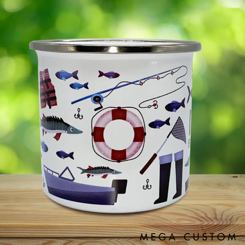 Personalized Fishing Mug Enamel Coffee Cup with Fishing Theme Lightweight and Durable Gift for Fishing Enthusiasts and Outdoor Adventures