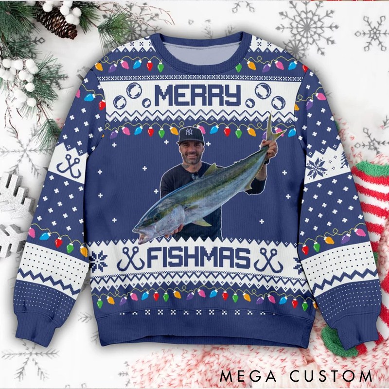 Personalized Photo Ugly Sweater Fishing Ugly Sweater Merry Fishmas Gift For Fishing Lovers Gift For Fishing Lovers Fisherman Gifts