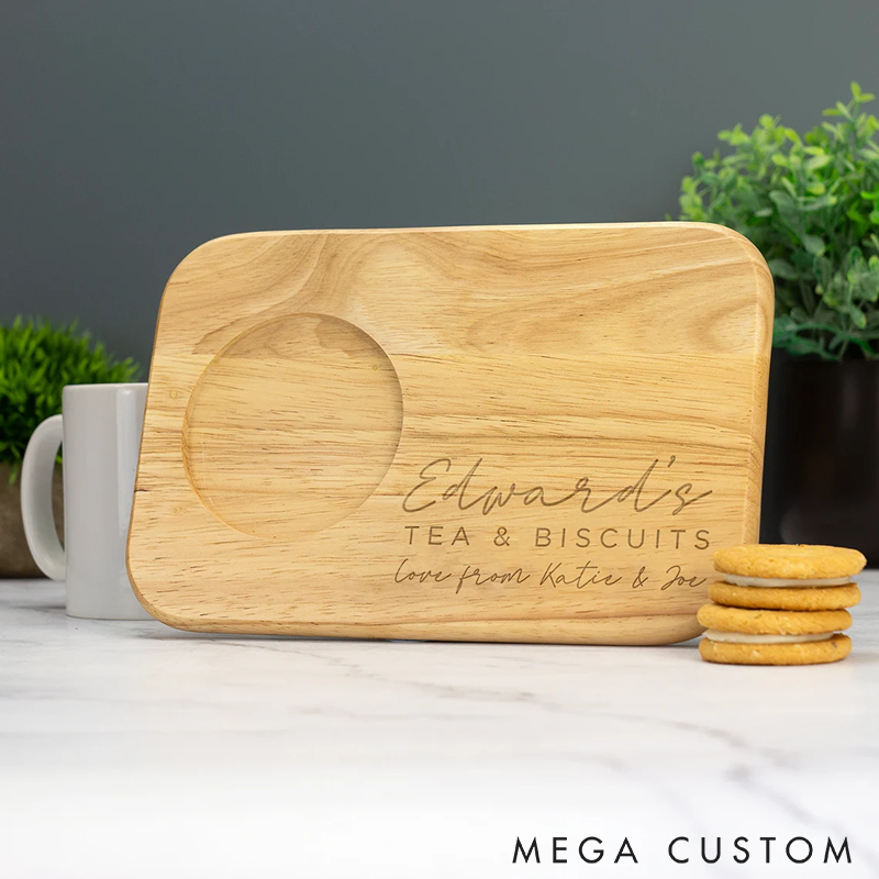 Personalized Wooden Tea Tray Custom Engraved Cup and Biscuit Holder Perfect for Afternoon Tea Unique Gift for Tea Lovers