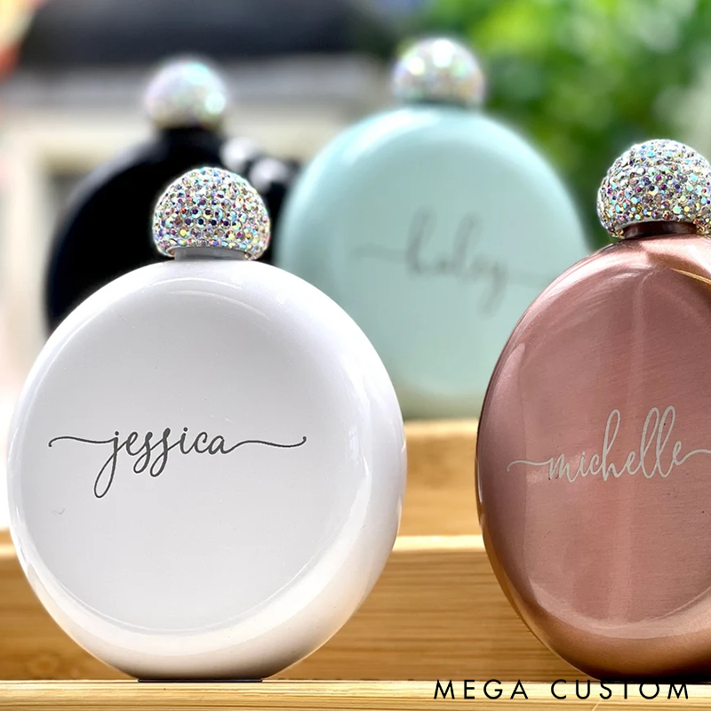 Personalized Rhinestone Flask Funny Bridesmaid Gift or Valentine's Day Gift for Her Custom Flask for Girls Trip or Wedding Party Perfect for Bridesmaid Gifts Birthdays and Special Occasions