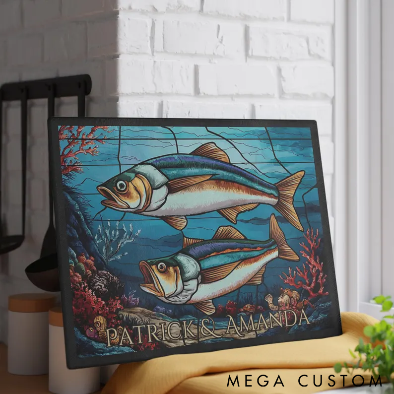 Personalized Fishing Wall ArtDouble Fish Ocean Design Custom Names Unique Home Decor for Anglers and Fishing Lovers