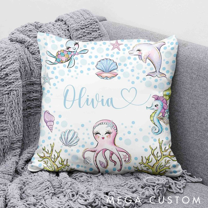 Personalized Ocean Theme Pillow Custom Name Cute Marine Life Design Perfect Gift for Fishing and Sea Lovers