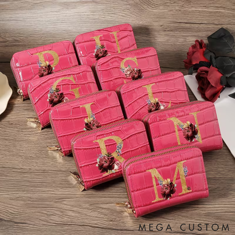 Personalized Small Wallet Custom Initial PU Leather Card Holder with Zipper Compact and Stylish Design for Cash Cards and Coins
