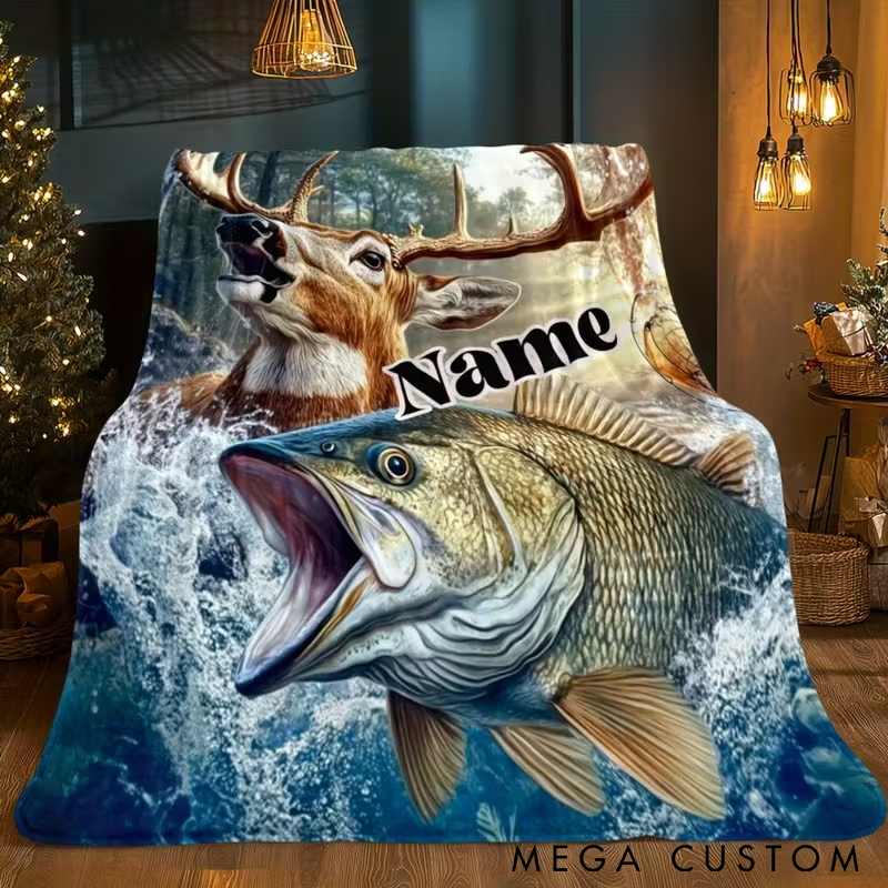 Personalized Fishing and Hunting Blanket Deer and Fish Design Custom Name Soft Gift for Outdoor and Fishing Enthusiasts