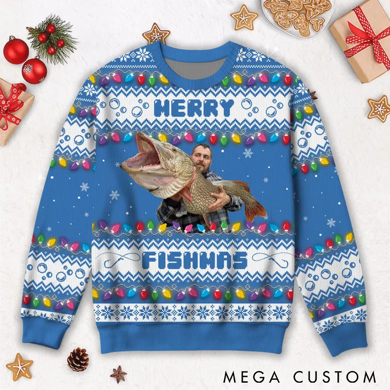 Personalized Merry Fishmas Sweater Fishing Ugly Christmas Sweater Custom Photo Perfect Holiday Gift for Anglers and Fishing Fans
