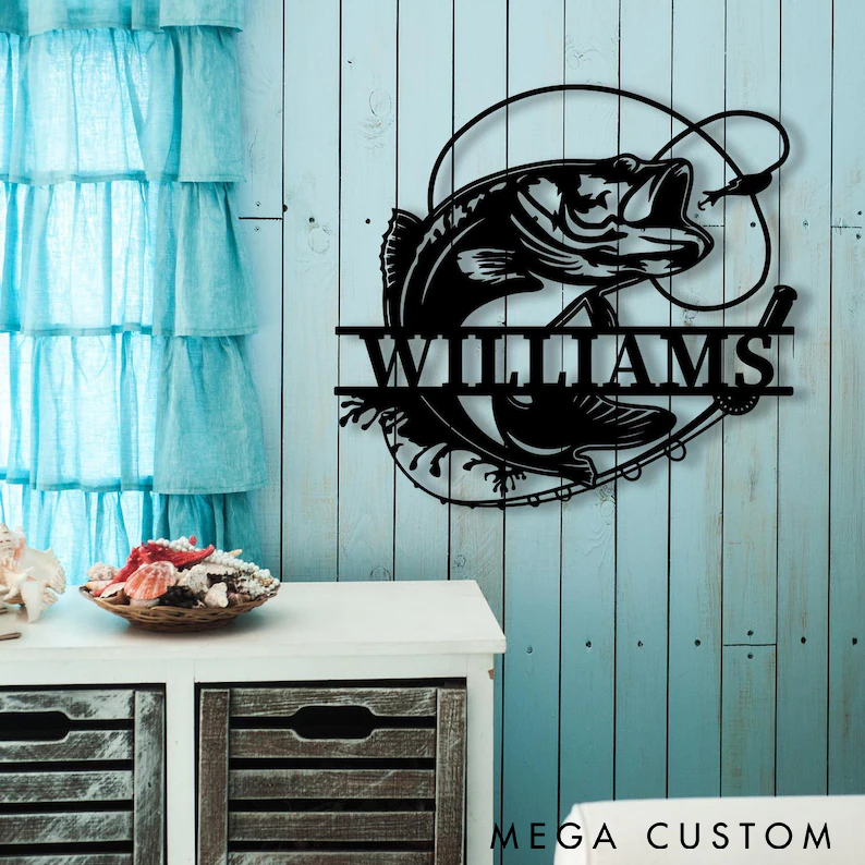 Personalized Fishing Metal Wall Art Outdoor Bass Fishing Sign Custom Name Durable and Stylish Perfect for Anglers Home Cabin or Fishing-Themed Decor