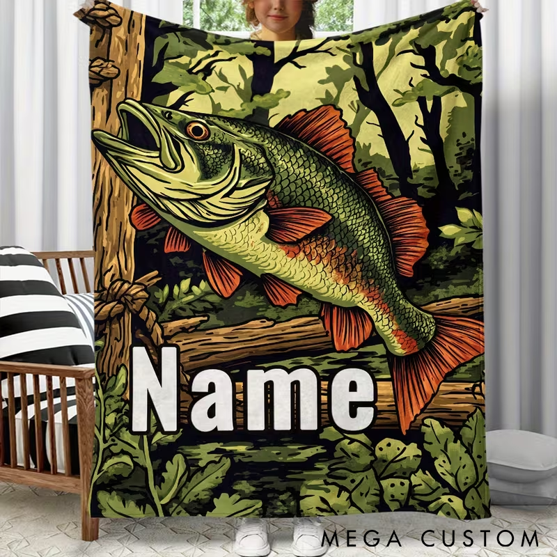 Personalized Fishing Blanket Bass Fish Design Custom Name Soft and Cozy Gift for Fishing Enthusiasts and Outdoor Lovers