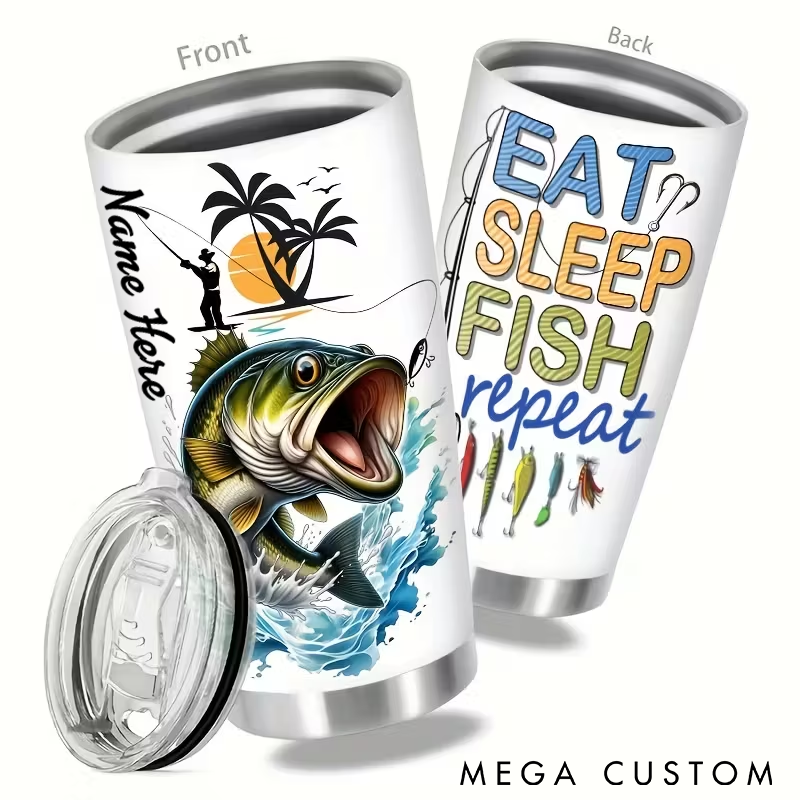 Personalized Fishing Tumbler Eat Sleep Fish Repeat Design Custom Name Stainless Steel Insulated Cup Perfect Gift for Anglers and Outdoor Lovers
