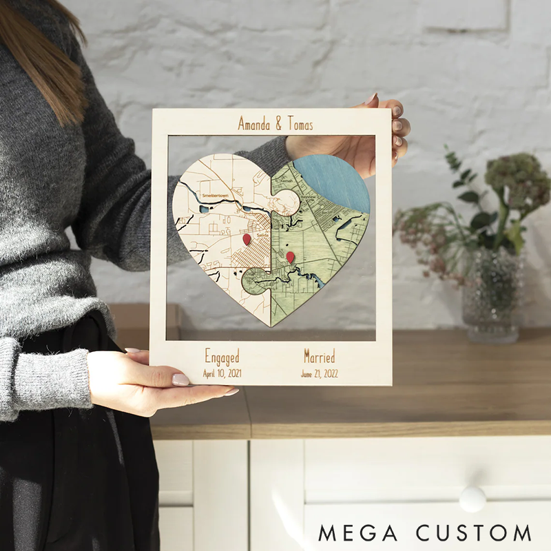 Personalized Heart Map Art Two Locations Heart Puzzle Map Wooden Framed Wall Art Unique Gift for Engagement Wedding or Anniversary