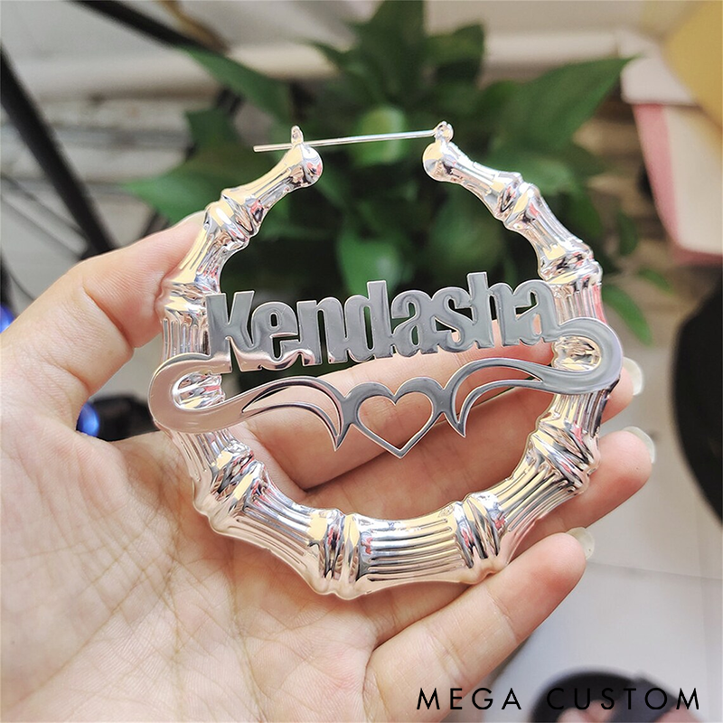 Personalized Bamboo Hoop Earrings Custom Name Jewelry with Heart Design Unique Gift for Women Stylish and Lightweight Accessories