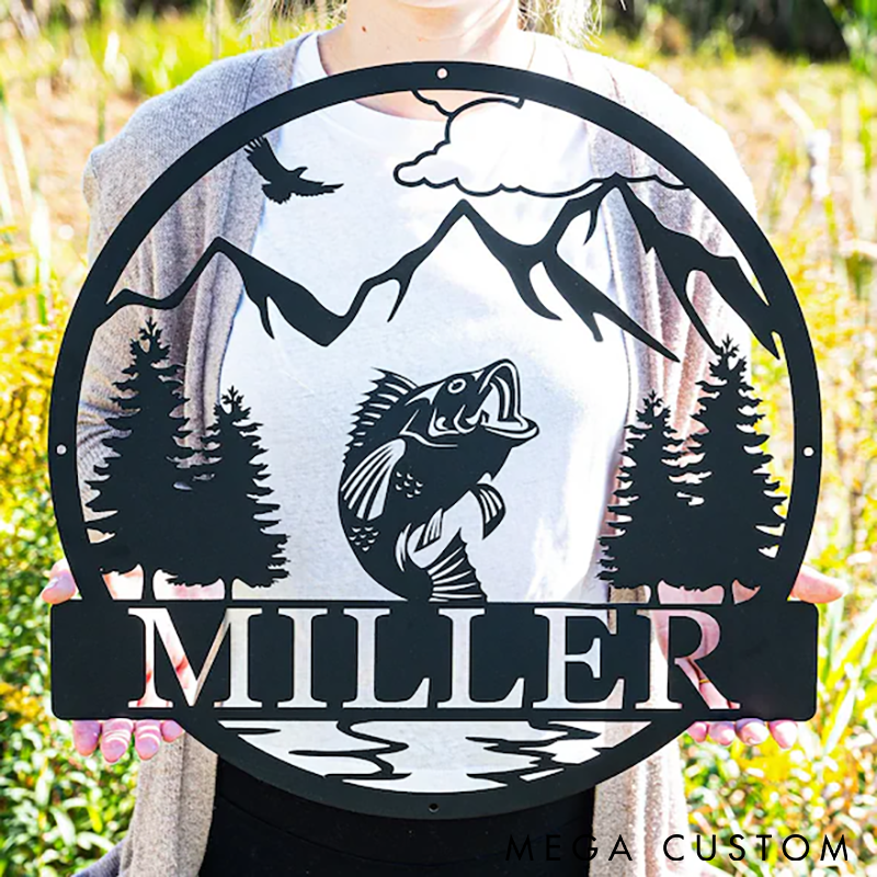 Personalized Metal Fishing Sign Outdoor Bass Fishing Sign Rustic Outdoor Decor Lake and Fish Design Custom Name Perfect for Cabin Camp or Fishing Enthusiasts