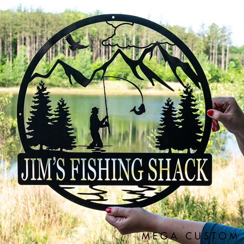Personalized Metal Fishing Shack Sign Outdoor Cabin Decor Rustic Mountain and Fisherman Design Custom Name for Anglers and Lake Lovers