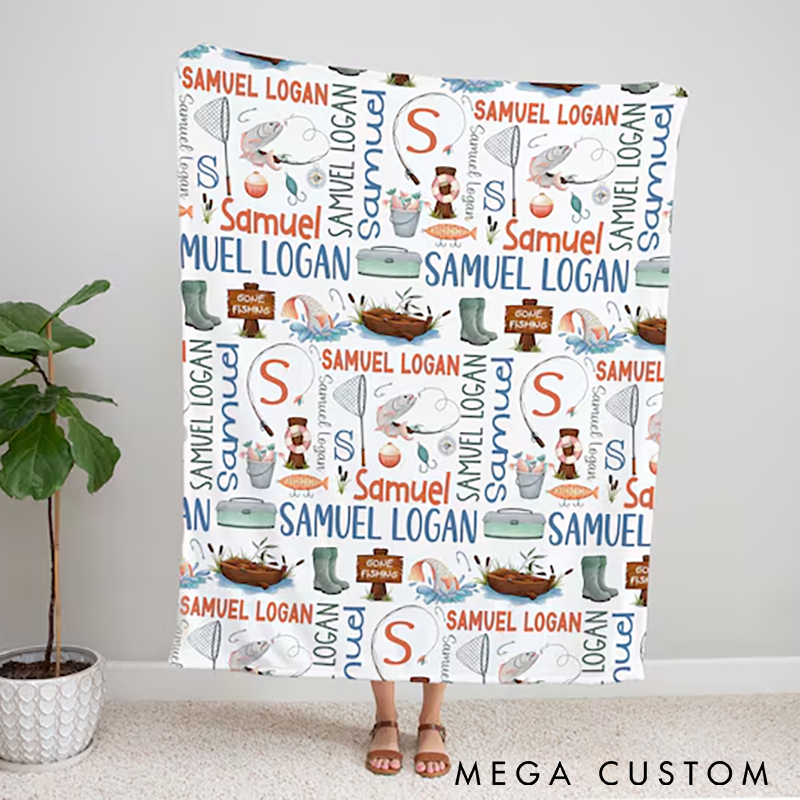 Personalized Fishing Baby Blanket Custom Name Baby Fishing Blanket Gone Fishing Baby Boy Blanket Toddler Boy Fishing Pole Fish Blanket