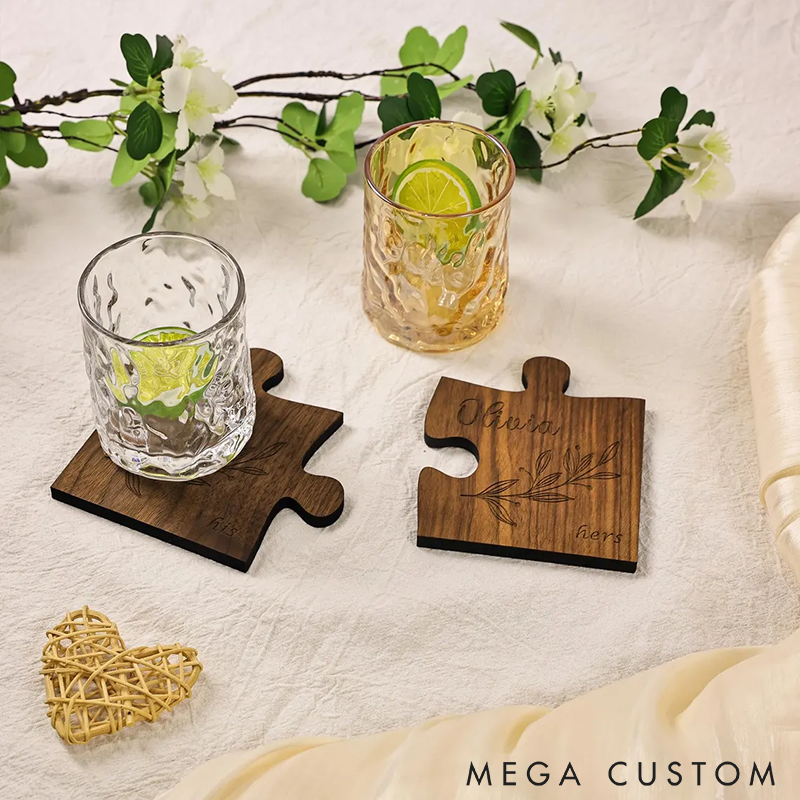 Personalized Couples Coaster Set Engraved Jigsaw Wooden Coaster Custom Names and Time Engraved Unique Couple Gift Rustic Home Decor Wedding or Anniversary Gift