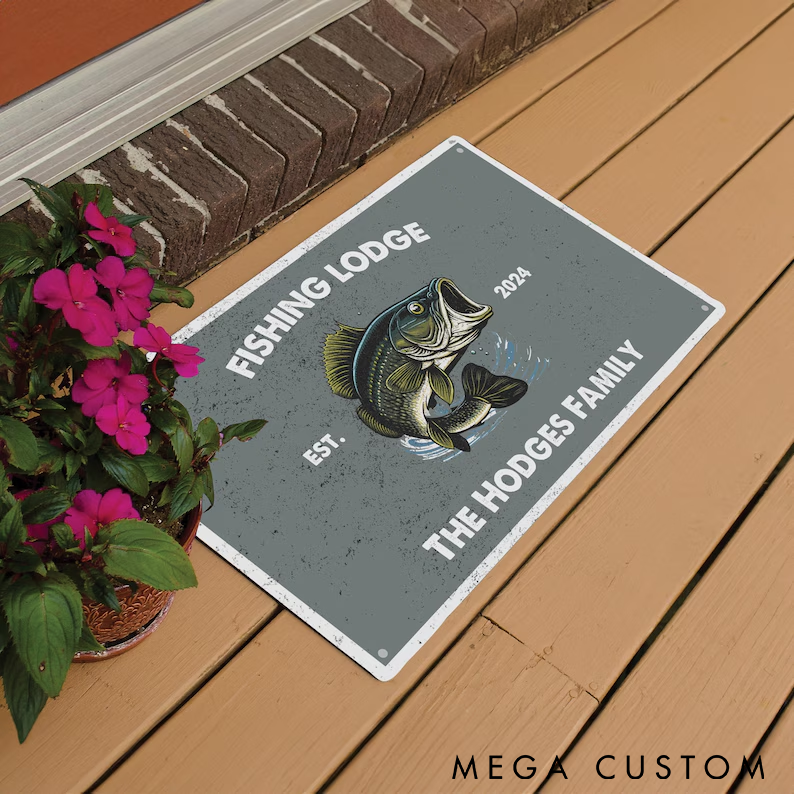Personalized Fishing Lodge Doormat Fishing Lodge Welcome Mat Custom Name and Time Bass Fish Design Durable and Non-Slip Perfect for Fishing Enthusiasts