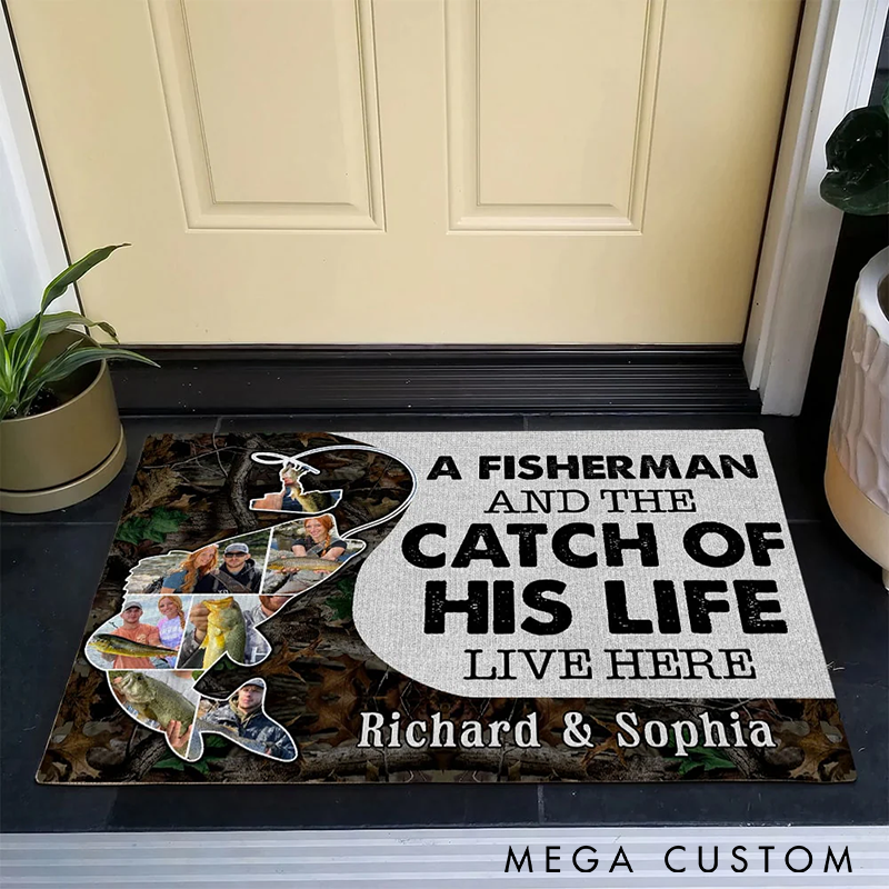 Personalized Fishing Doormat Custom Names and Photos Unique Decor for Fishermans Home Perfect Gift for Fishing Lovers