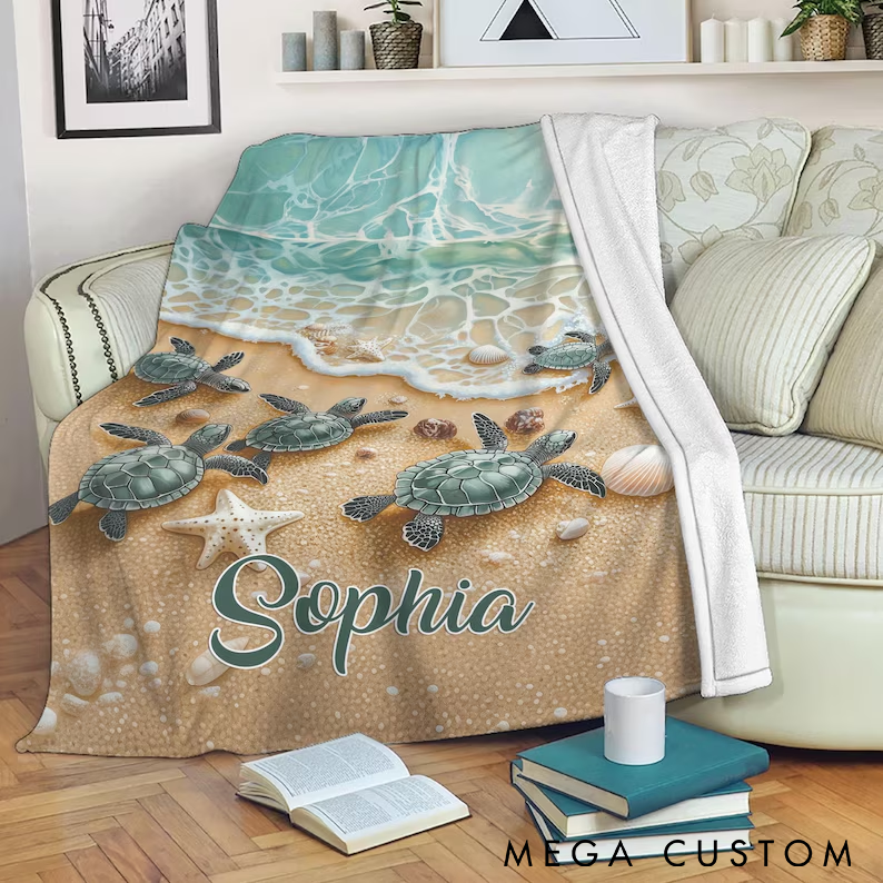 Personalized Sea Turtle Beach Blanket Ocean Theme Beach Blanket Custom Name Throw for Fishing Lovers Cozy Home Decor or Outdoor Adventures