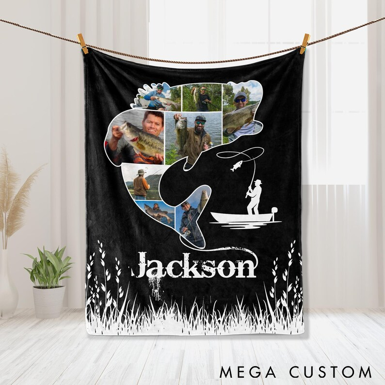 Personalized Fishing Photo Blanket Custom Name Soft Throw with Fish Shape Collage Perfect Gift for Fishing Lovers and Outdoor Enthusiasts