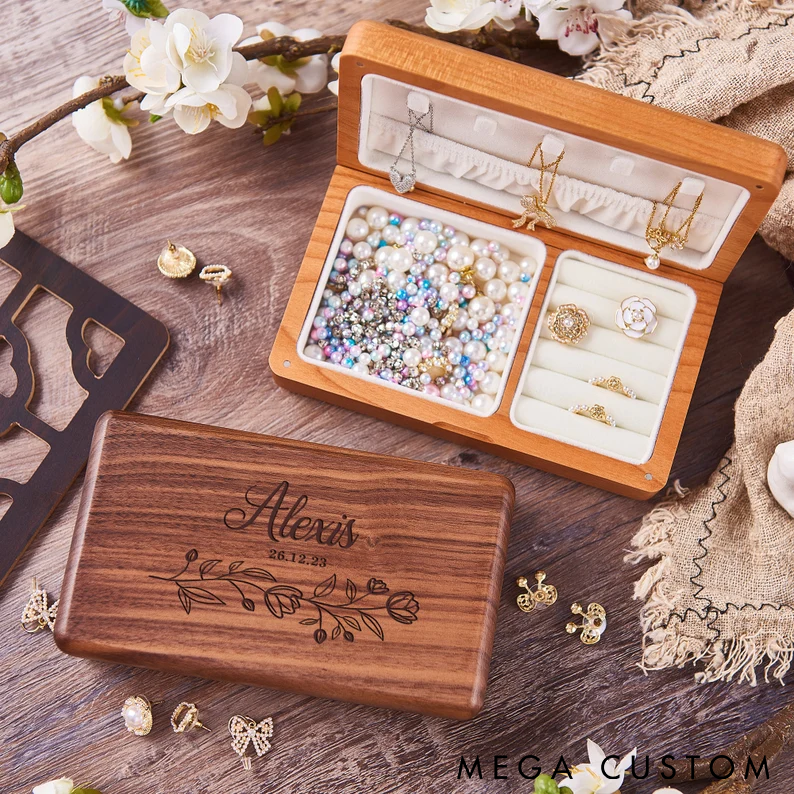 Personalized Wooden Jewelry Box Custom Name and Time Engraving Elegant Organizer for Rings Earrings and Necklaces Perfect Gift for Women