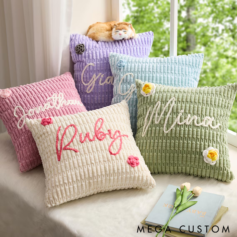 Personalized Knitted Throw Pillow Custom Name and Floral Accents Soft and Cozy Multiple Colors Perfect for Home Decor or Gifts