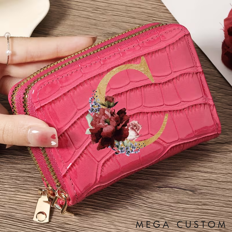 Personalized Small Wallet Custom Initial PU Leather Card Holder with Zipper Compact and Stylish Design for Cash Cards and Coins