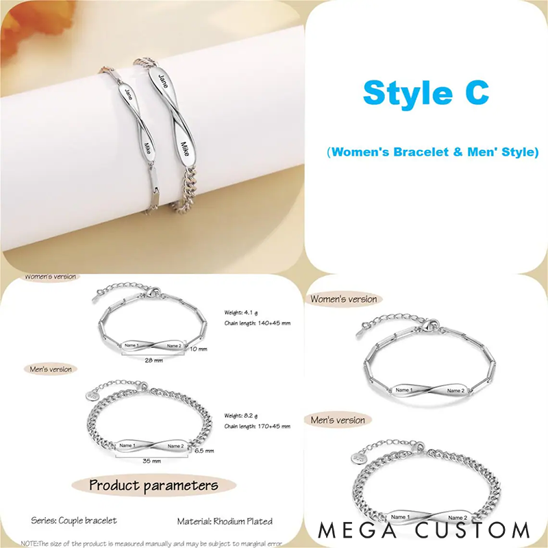 Personalized Couple Bracelets Set Two Names Infinity Couple Bracelets Set Adjustable Couple Jewelry Symbol of Eternal Love Perfect Gift for Couples Him and Her