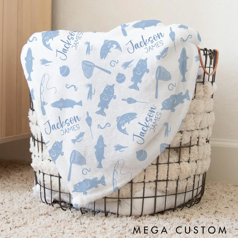 Fishing Blanket Bass Fishing Swaddle Blanket Fish Name Blanket Soft Blue Fish and Net Design Personalized Gift for Anglers