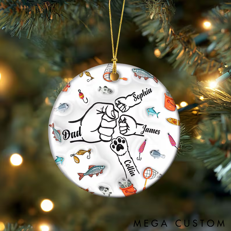 Personalized Fishing Christmas Ornament Christmas Fishing Ceramic Ornament Custom Names Family Fist Bump Design Perfect Holiday Gift for Fishing Enthusiasts