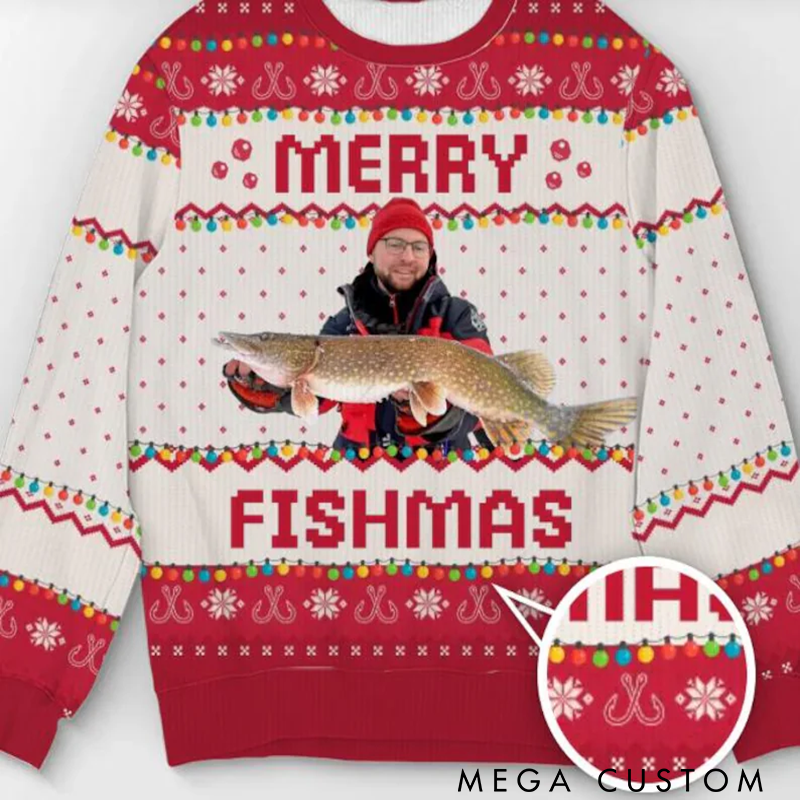 Personalized Merry Fishmas Sweatshirt Photo Fisherman Ugly Sweatshirt Funny Christmas Jumpers Photo Gift For Fishing Lover