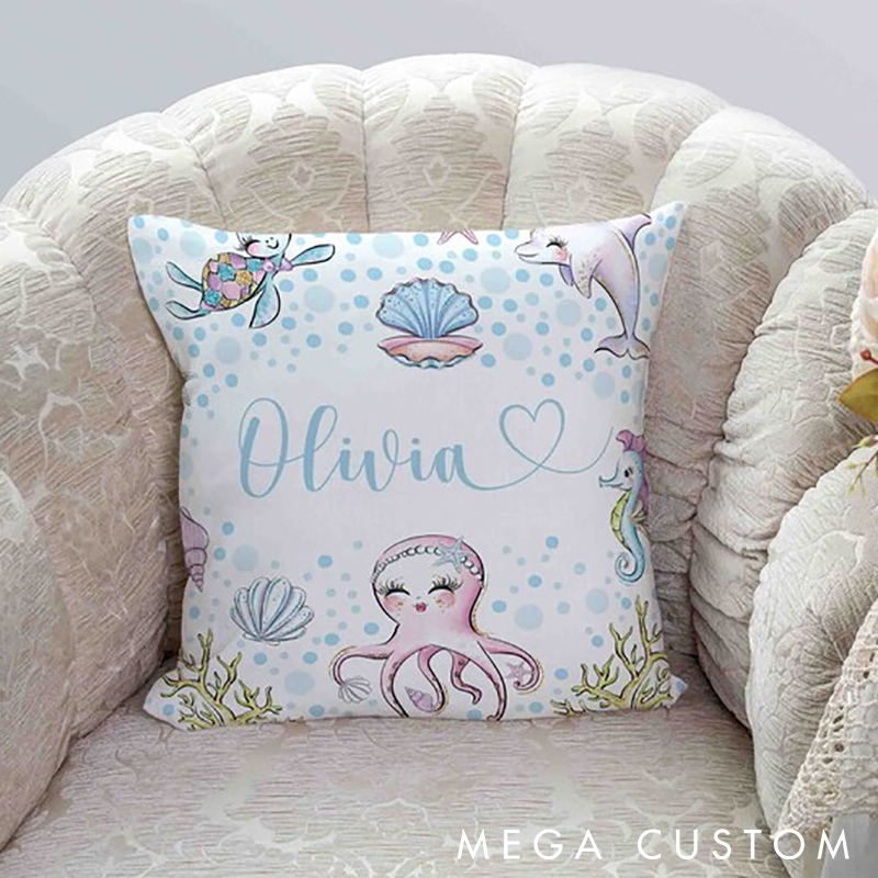 Personalized Ocean Theme Pillow Custom Name Cute Marine Life Design Perfect Gift for Fishing and Sea Lovers