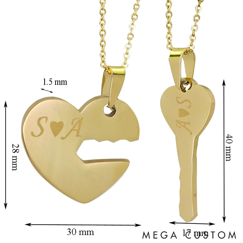 Personalized Couples Heart and Key Necklace Set Couples Jewelry Heart Necklace Key to My Heart Necklace Romantic Gift for Anniversaries Valentine's Day or Special Occasions