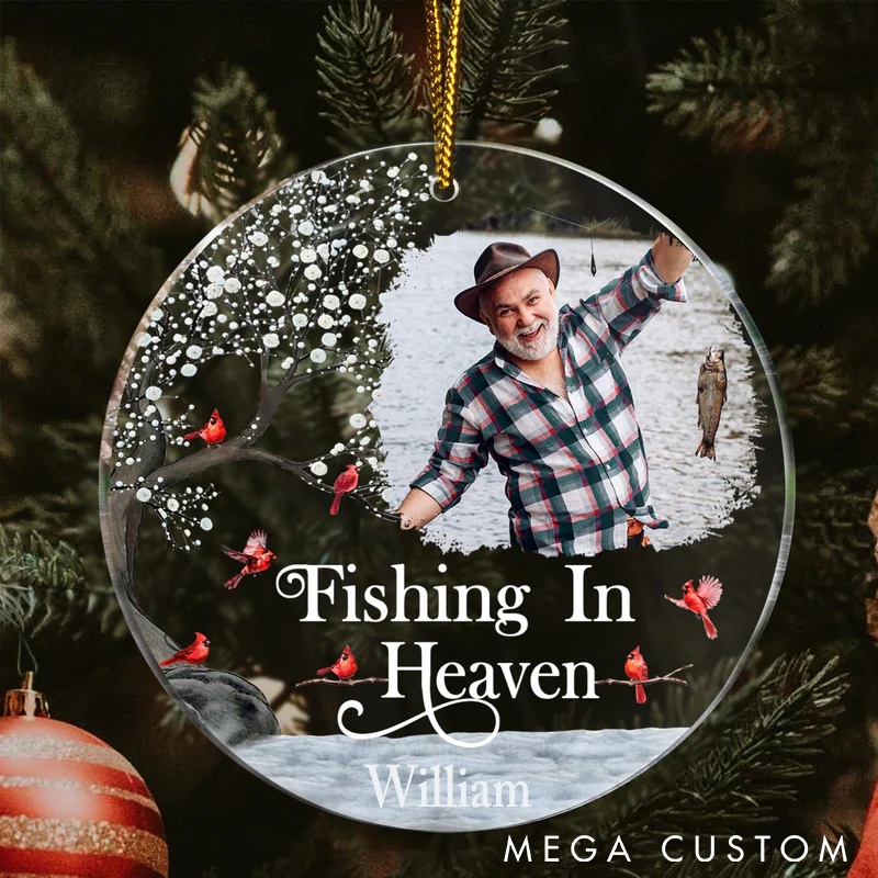 Personalized Fishing in Heaven Memorial Ornament Custom Photo and Name Acrylic Keepsake for Fishing Lovers Thoughtful Tribute and Holiday Decoration