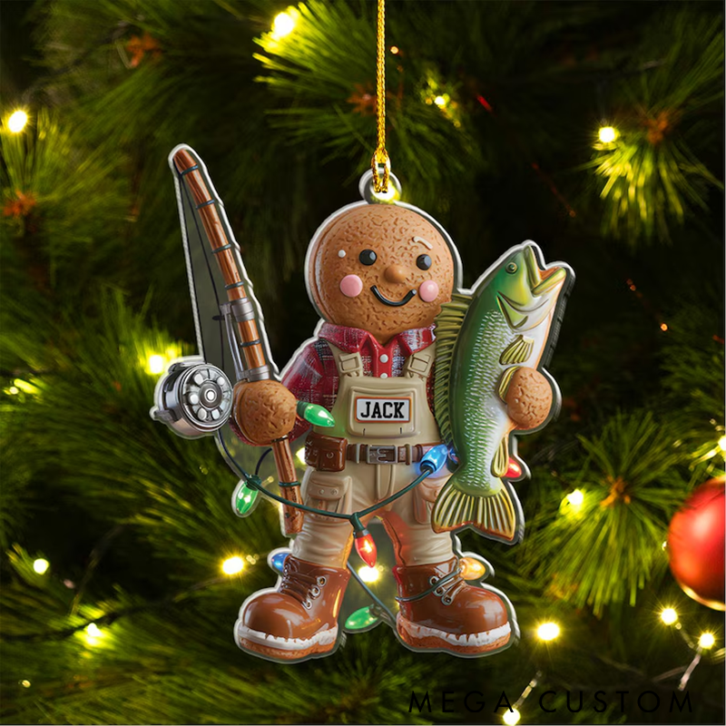 Personalized Fishing Ornament Gingerbread Fisherman Ornament Unique Christmas Tree Decoration for Fishing Lovers