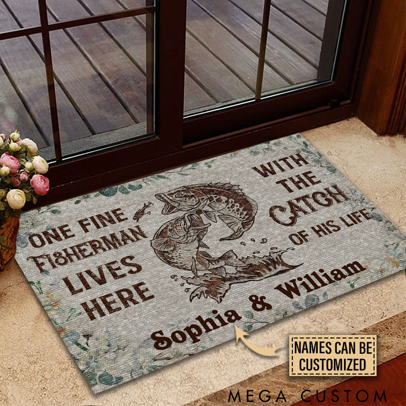 Personalized Fishing Doormat Custom Names Durable Non-Slip Mat with Fun Fisherman and Catch Design Perfect Gift for Fishing Lovers