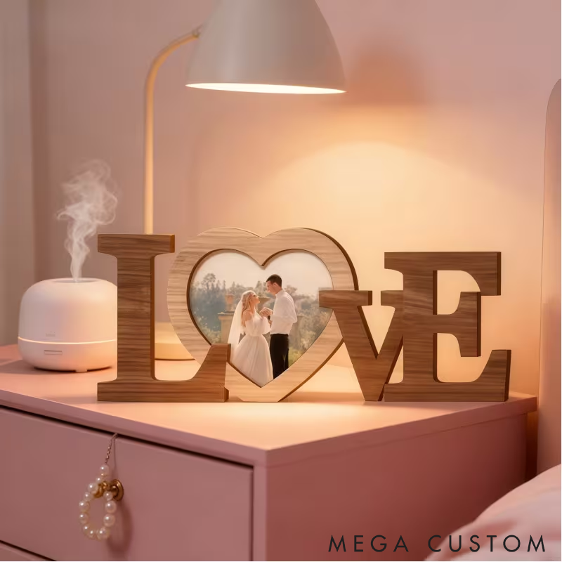 Personalized LOVE Wooden Photo Frame Heart-Shaped Picture Display Romantic Gift for Couple Wedding Anniversary or Home Decor 