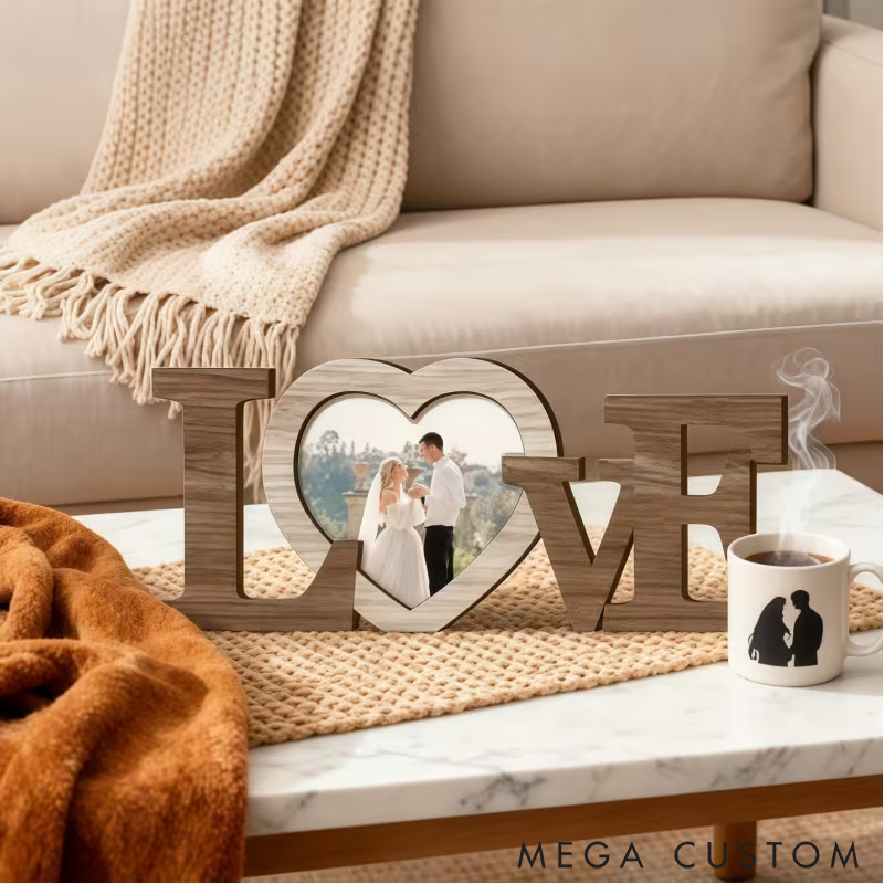 Personalized LOVE Wooden Photo Frame Heart-Shaped Picture Display Romantic Gift for Couple Wedding Anniversary or Home Decor 