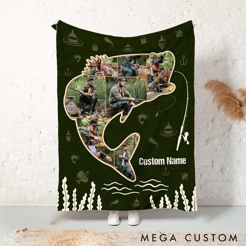 Personalized Fishing Photo Blanket Fishing Photo Collage Blanket Custom Name and Photo Perfect Gift for Fishing Enthusiasts and Cozy Home Decor