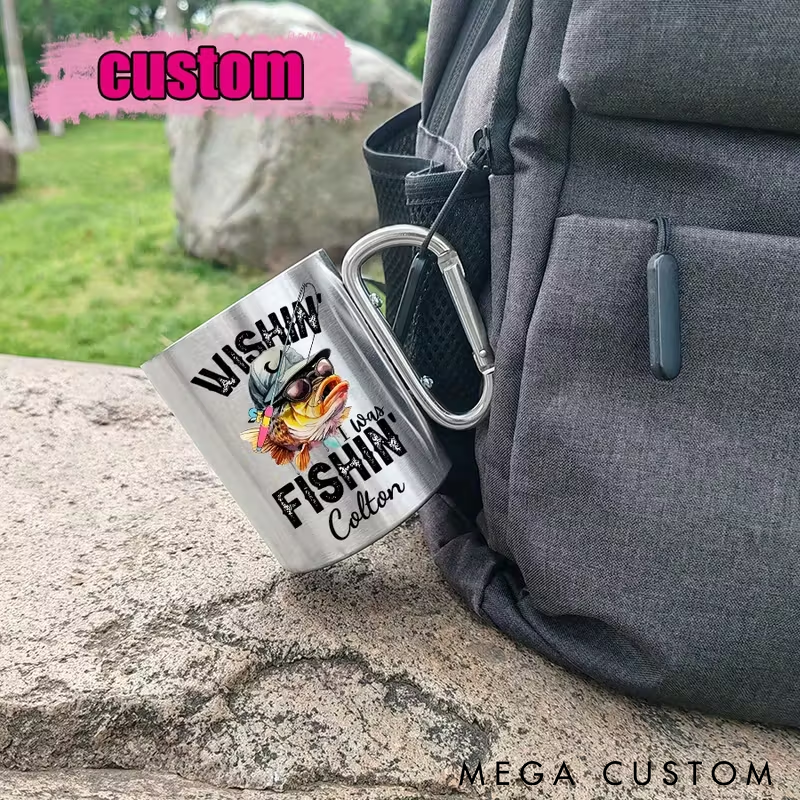 Personalized Fishing Mug Stainless Steel with Carabiner Handle Custom Name Durable and Fun Gift for Fishing Enthusiasts and Outdoor Adventures