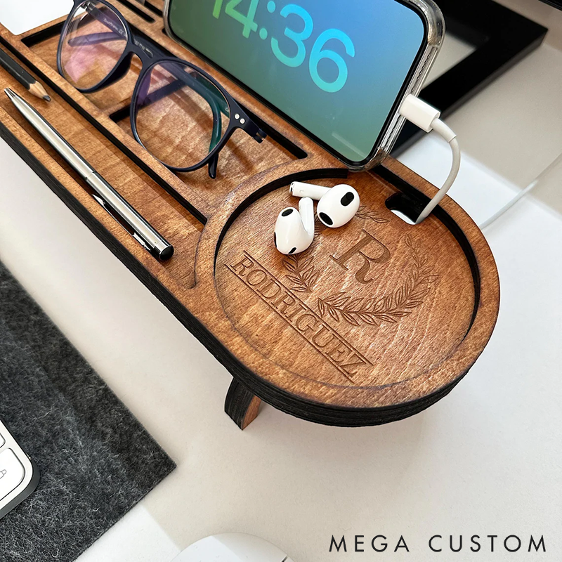 Personalized Wooden Desk Organizer Office Desk Accessories Custom Tablet and Phone Stand Custom Docking Station Multifunctional Office Storage for Phone Glasses Pens and Accessories